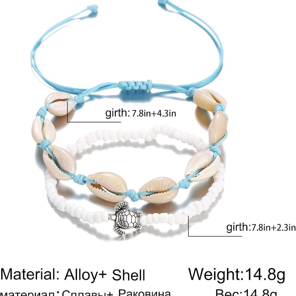 Boho Turtle Layered Shell Anklet Set Silver Ankle… - image 2